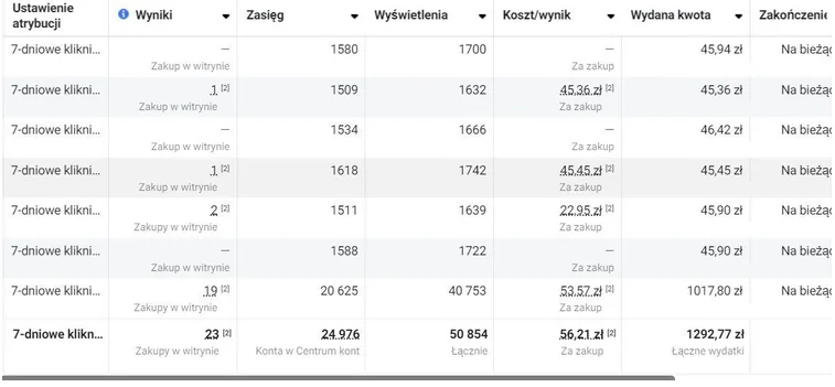 Zrzut z panelu reklamowego: 23 zakupy w witrynie, wydano 1 292,77 zł